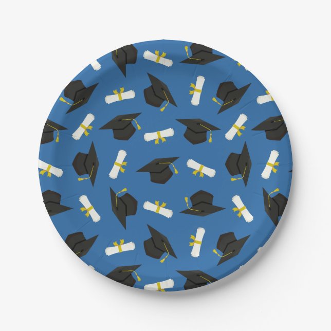 Blue Caps Diplomas Pattern Graduation Party Pappteller (Vorderseite)