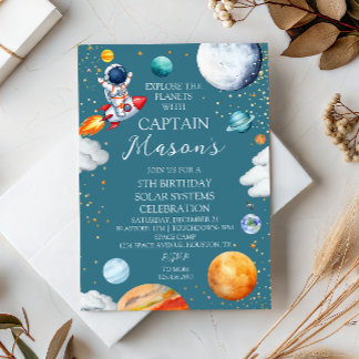 Blue Captain Rocket Solar System Adventure Kids Einladung