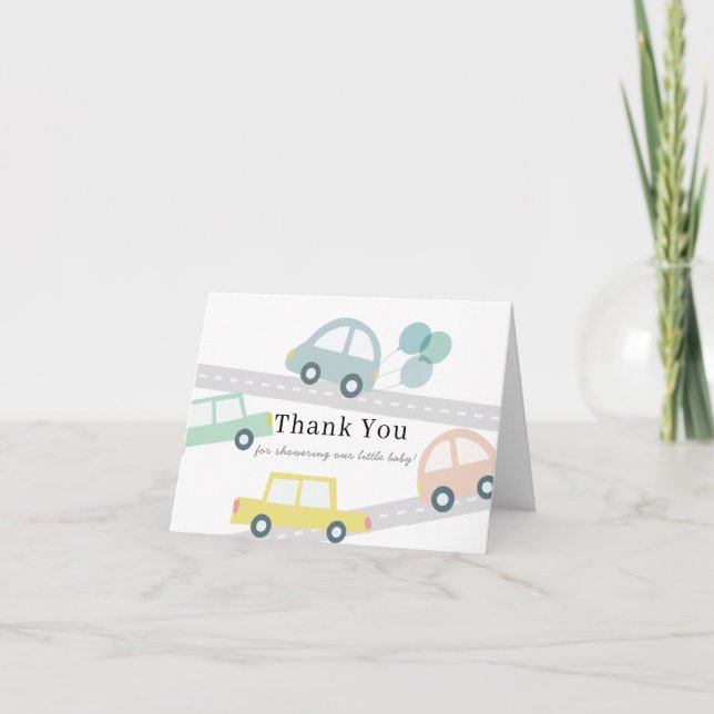 Blue Car Balloons White Boy Baby Dusche Dankeskarte (Vorderseite)