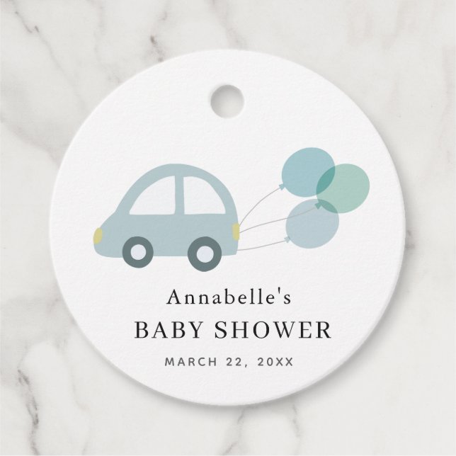 Blue Car Balloons White Boy Baby Dusche Geschenkanhänger (Vorderseite)