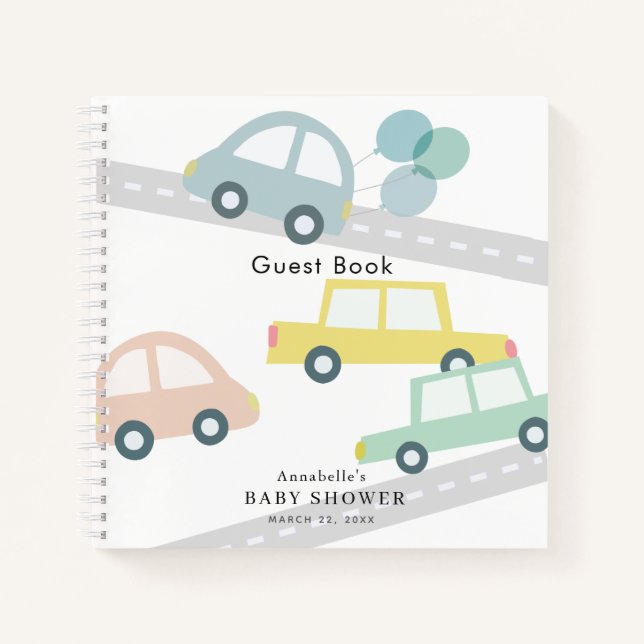 Blue Car Balloons White Boy Baby Dusche Notizbuch (Vorderseite)