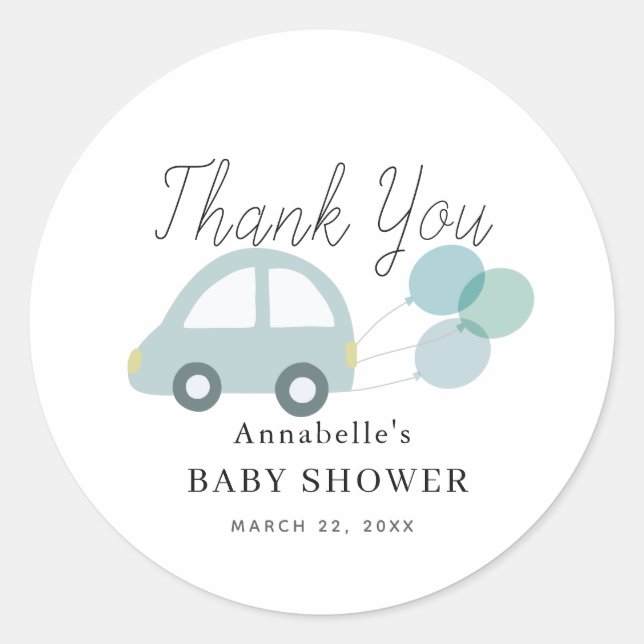 Blue Car Balloons White Boy Baby Dusche Runder Aufkleber (Vorderseite)