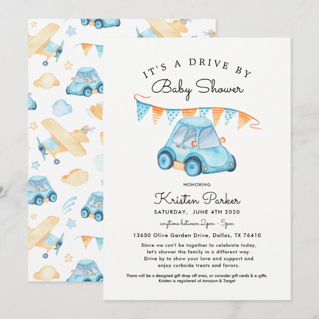 Blue Car Drive by Baby Shower Einladung Junge (Vorne/Hinten)