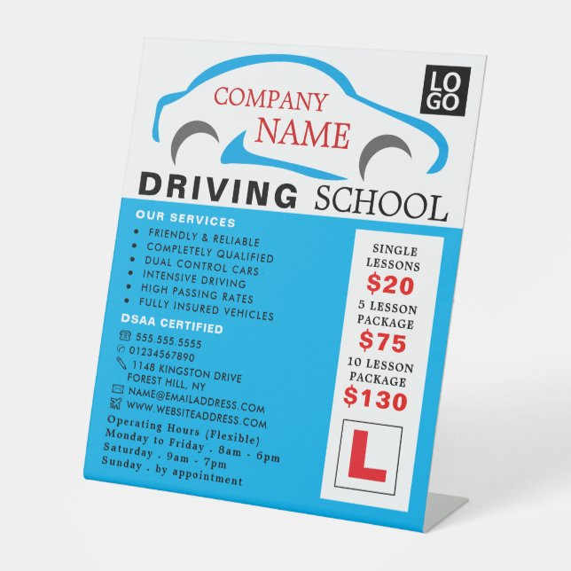 Blue Car Logo, Fahrschule, Lehrerwerbung Sockelschild (Vorderseite)