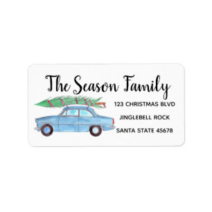 Blue Car mit Weihnachtsbaum Wasserfarbe Adressaufkleber