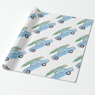 Blue Car mit Weihnachtsbaum Wasserfarbe Geschenkpapier