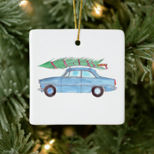Blue Car mit Weihnachtsbaum Wasserfarbe Keramikornament