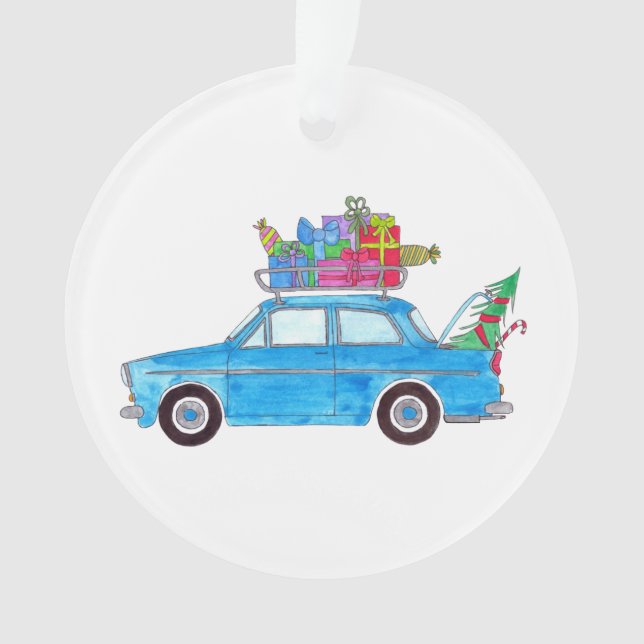 Blue Car mit Weihnachtsgeschenken Wasserfarbe Ornament (Vorderseite)