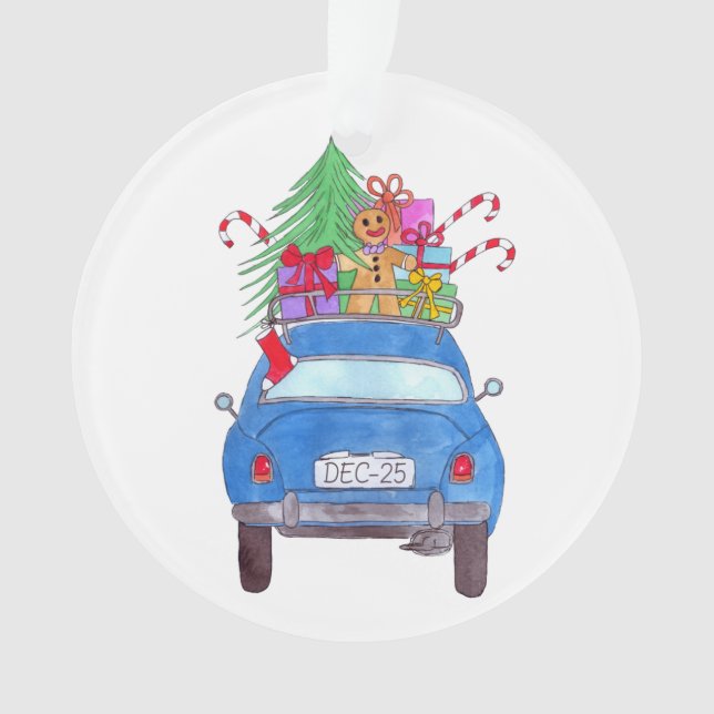 Blue Car mit Weihnachtsgeschenken Wasserfarbe Ornament (Vorderseite)