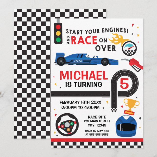Blue Car Racing  Birthday kid Invitation (Devant / Derrière)