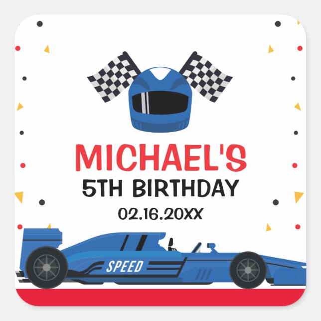 Blue Car Racing Birthday Quadratischer Aufkleber (Vorderseite)