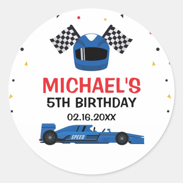Blue Car Racing Birthday Runder Aufkleber (Vorderseite)