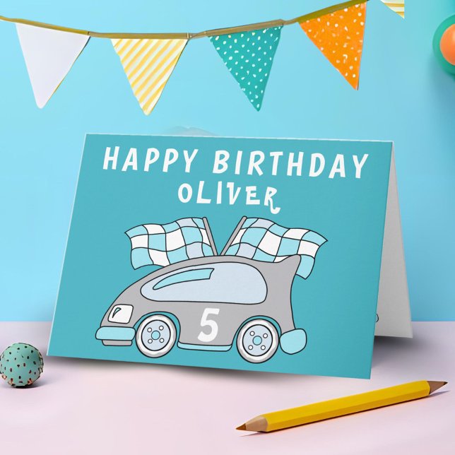 Blue Car Racing Flag Boy Birthday Card Karte (Von Creator hochgeladen)