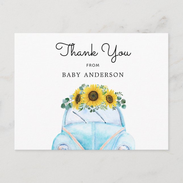 Blue Car und Sonnenblumen Vielen Dank Postkarte (Vorderseite)