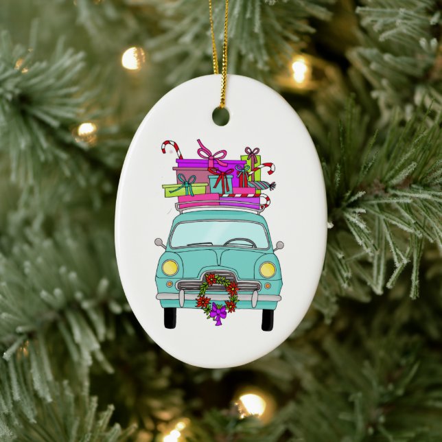 Blue Car with Christmas Ohrts Keramik Ornament (Baum)