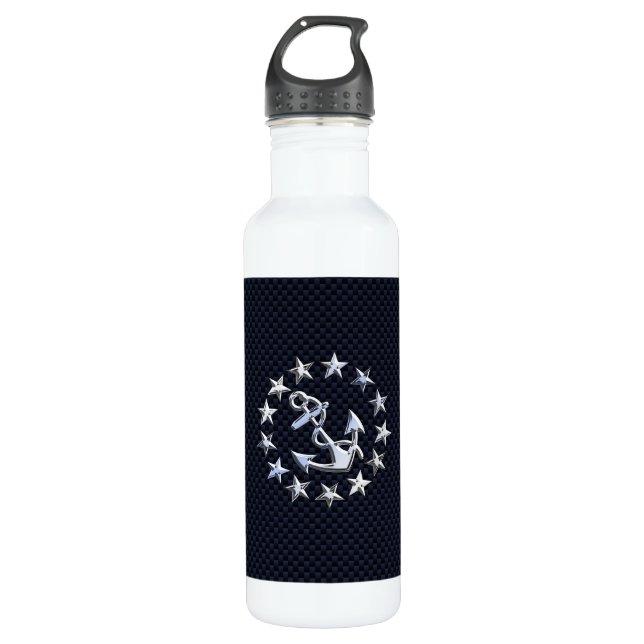 Blue Carbon Fibre Nautical Chrome Yacht Flag Print Trinkflasche (Vorderseite)