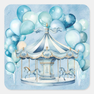 Blue Carousel mit Arch Balloons Boy Baby Dusche Quadratischer Aufkleber
