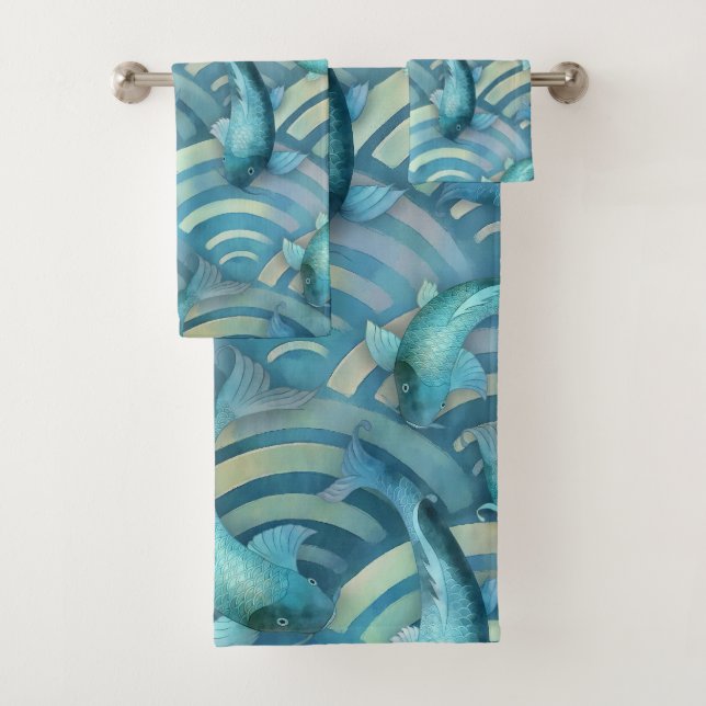 Blue Carp Koi Fischmuster Badhandtuch Set (Insitu)