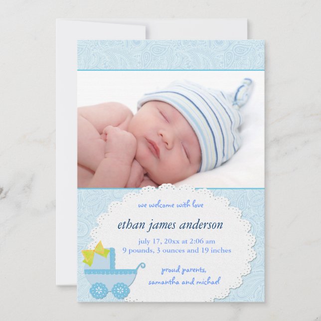 Blue Carriage Baby Boy Foto Geburtsankündigung Ankündigung (Vorderseite)