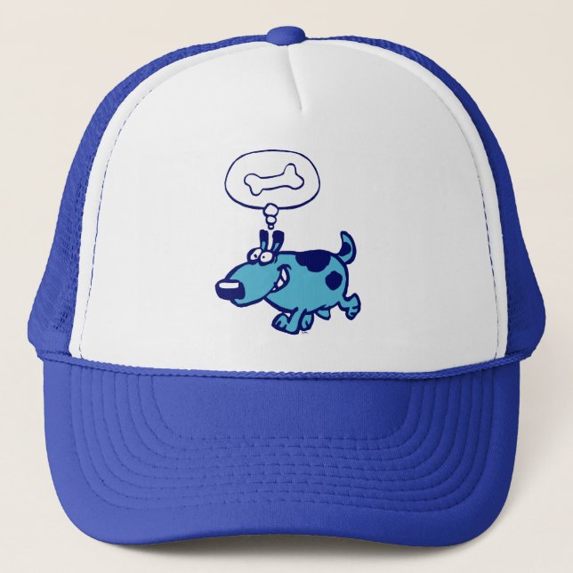 Blue Cartoon Dog denken an einen Knochenhut Truckerkappe (Vorderseite)