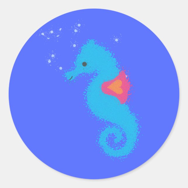 Blue Cartoon Seepferd Runder Aufkleber (Vorderseite)