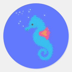 Blue Cartoon Seepferd Runder Aufkleber
