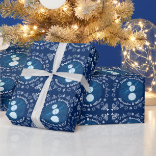 Blue Cartoon Snowman Holiday Happy Hanukkah Geschenkpapier