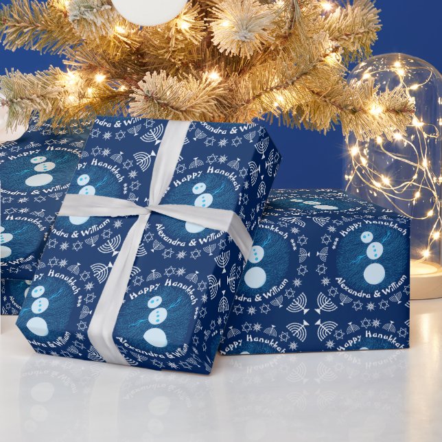 Blue Cartoon Snowman Holiday Happy Hanukkah Geschenkpapier (Feiertage)