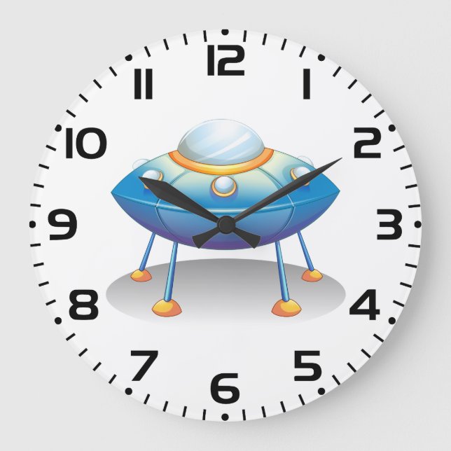Blue Cartoon UFO Spaceship Fun Sci-Fi Große Wanduhr (Vorderseite)
