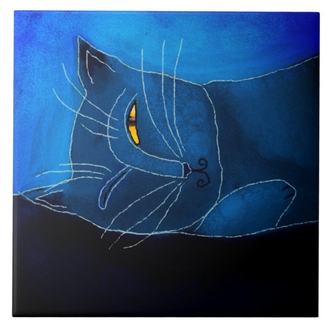 Blue Cat Napping Abstraktes Digitalbild Fliese (Vorderseite)