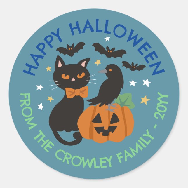 Blue Cat Pumpkin Raven Happy Halloween Runder Aufkleber (Vorderseite)