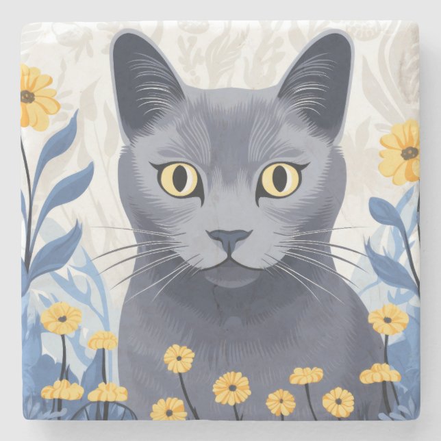 Blue Cat Yellow Flowers Marmor Steinuntersetzer (Vorderseite)