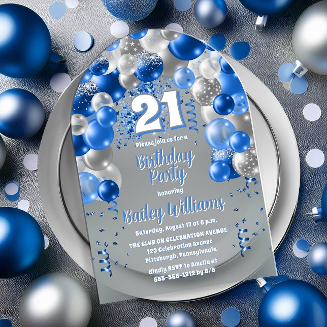 Blue Celebration Balloons 21. Geburtstag Party Acryleinladungen (Blue Celebration Balloons "21" 21st Birthday Party Acrylic Invitation)