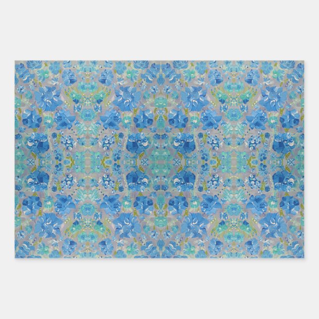 Blue Celebration Floral Wrapping Paper Geschenkpapier Set (Vorderseite)