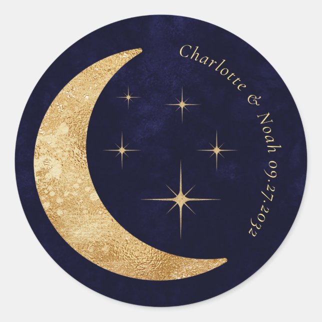 Blue Celestial Gold Moon Stars Wedding Runder Aufkleber (Vorderseite)