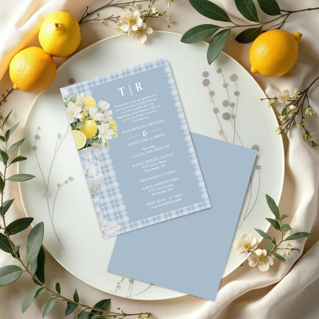 Blue Chalice Vase Mediterranean Lemons & Flowers Einladung (Blue Classic Chalice Vase with Mediterranean Lemons and Flowers Invitation Card Design.)