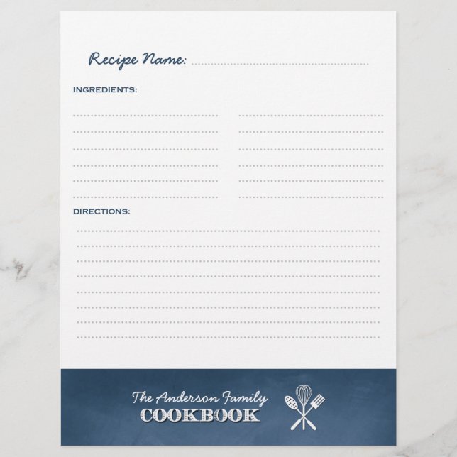 Blue Chalkboard Family Cookbook Binder Einfügen (Vorderseite)