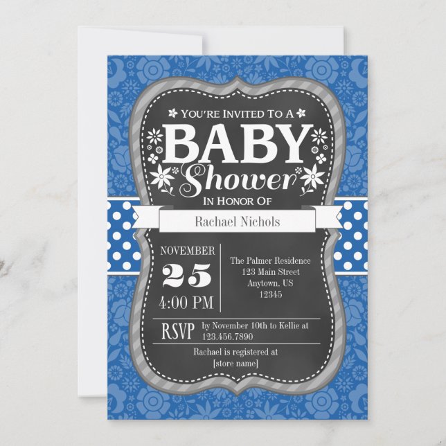 Blue Chalkboard Floral Baby Dusche einladen Einladung (Vorderseite)