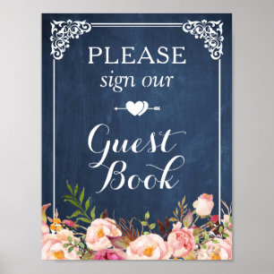 Blue Chalkboard Floral Sign Unser Gästebuch