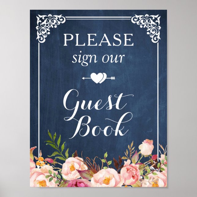 Blue Chalkboard Floral Sign Unser Gästebuch (Vorne)