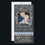 Blue Chalkboard Frohe Weihnachts-Weihnachtsfotokar Feiertagskarte<br><div class="desc">Fröhliche Weihnachtsfotokarten mit einem Chalkboard-Look Hintergrund,  viele blaue Wirbel und Text,  der Frohe Weihnachten,  eine Reihe von bunten Baumlichter in verschiedenen Farben,  blau hängende Ornamente,  und Bereiche können Sie diese schönen und hellen Urlaubskarten mit Ihrem Foto und Namen anpassen!</div>