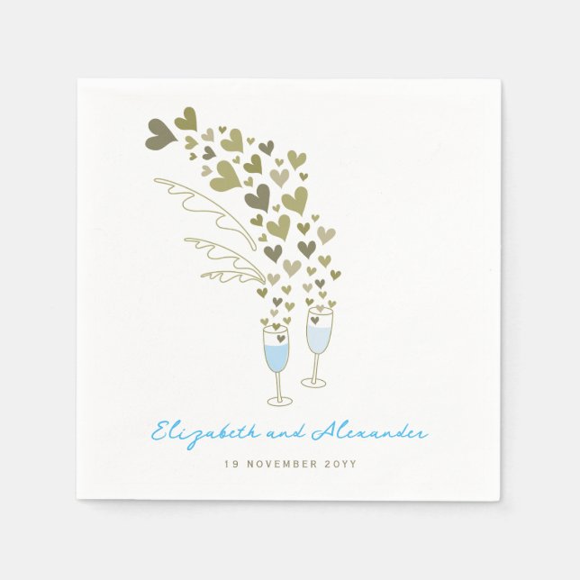 Blue Champagne Cheers Gold Hearts Wedding Party Serviette (Vorderseite)