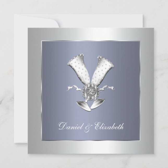 Blue Champagne Glass 25. Hochzeitstag Einladung (Vorderseite)