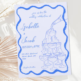 Blue Champagne Tower Wavy Hand Drawn Wedding Einladung