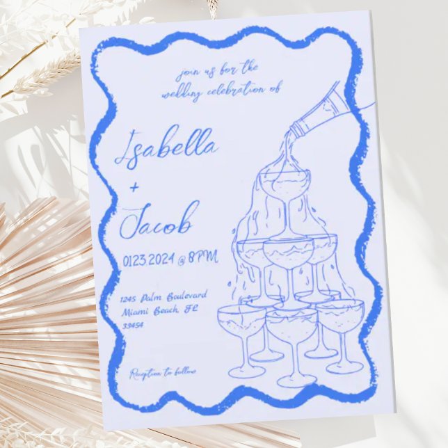 Blue Champagne Tower Wavy Hand Drawn Wedding Einladung (Von Creator hochgeladen)