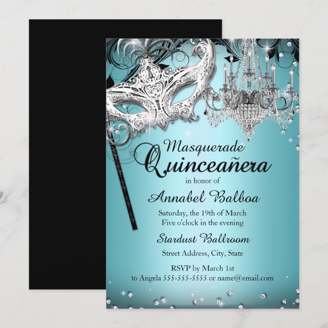 Blue Chandelier Masquerade Quinceanera Einladen Einladung (Vorne/Hinten)