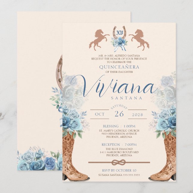 Blue Charro Western Rose Quinceanera Einladung (Vorne/Hinten)
