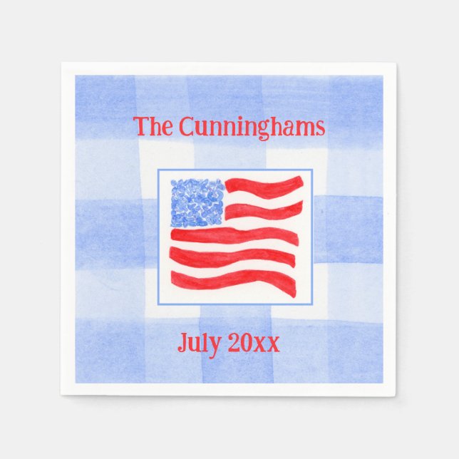 Blue Check Watercolor USA Flag PERSONALIZE Mat Serviette (Vorderseite)