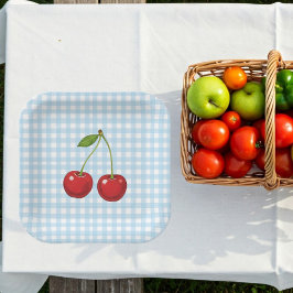 Blue Checked Paper Plates with Cherries for Summer Pappteller