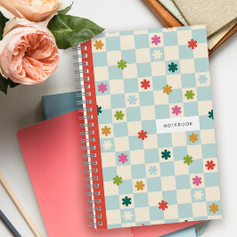 Blue Checkerboard Pattern Stars Flowers Notebook Notizbuch